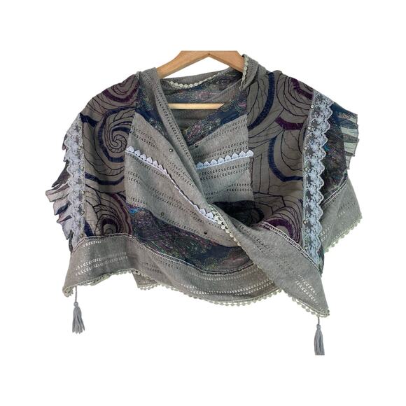 MANYUS Accessories - Manyus Gray Embellished Silver Studded Boho Rectangular Scarf